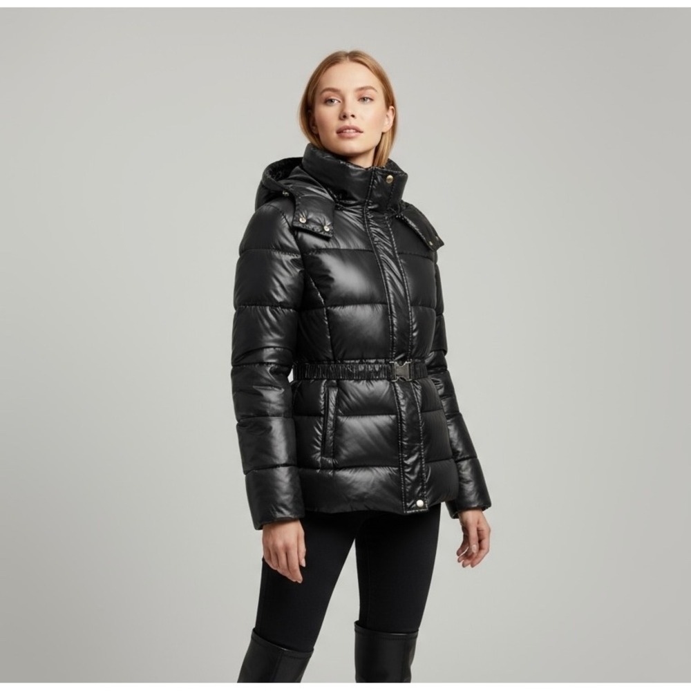 Jones New York Black Belted Puffer‎ Jacket Size Large Hooded Quilted Winter Coat